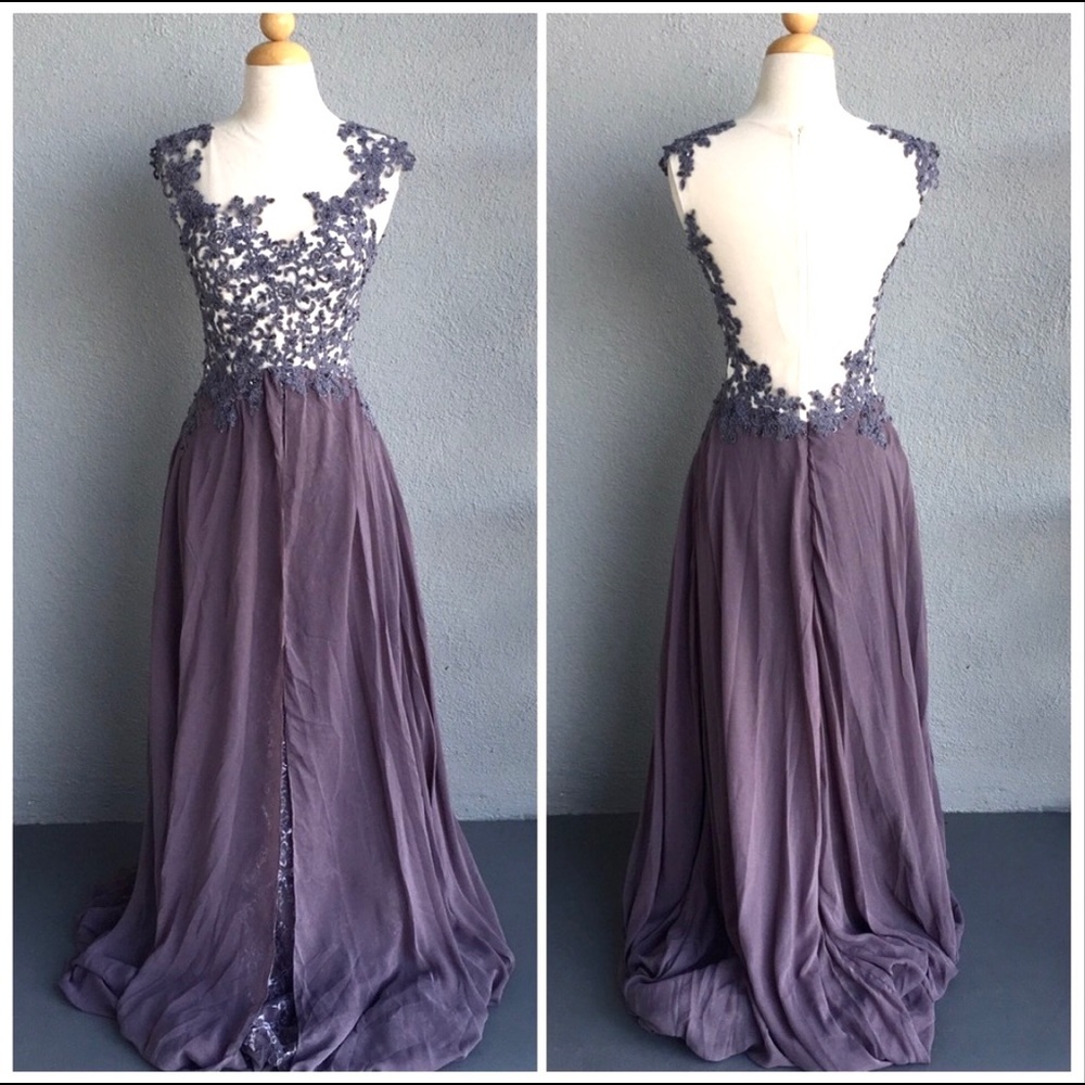 Lavender Grayish Lace Maxi Illusion Dress Size 4